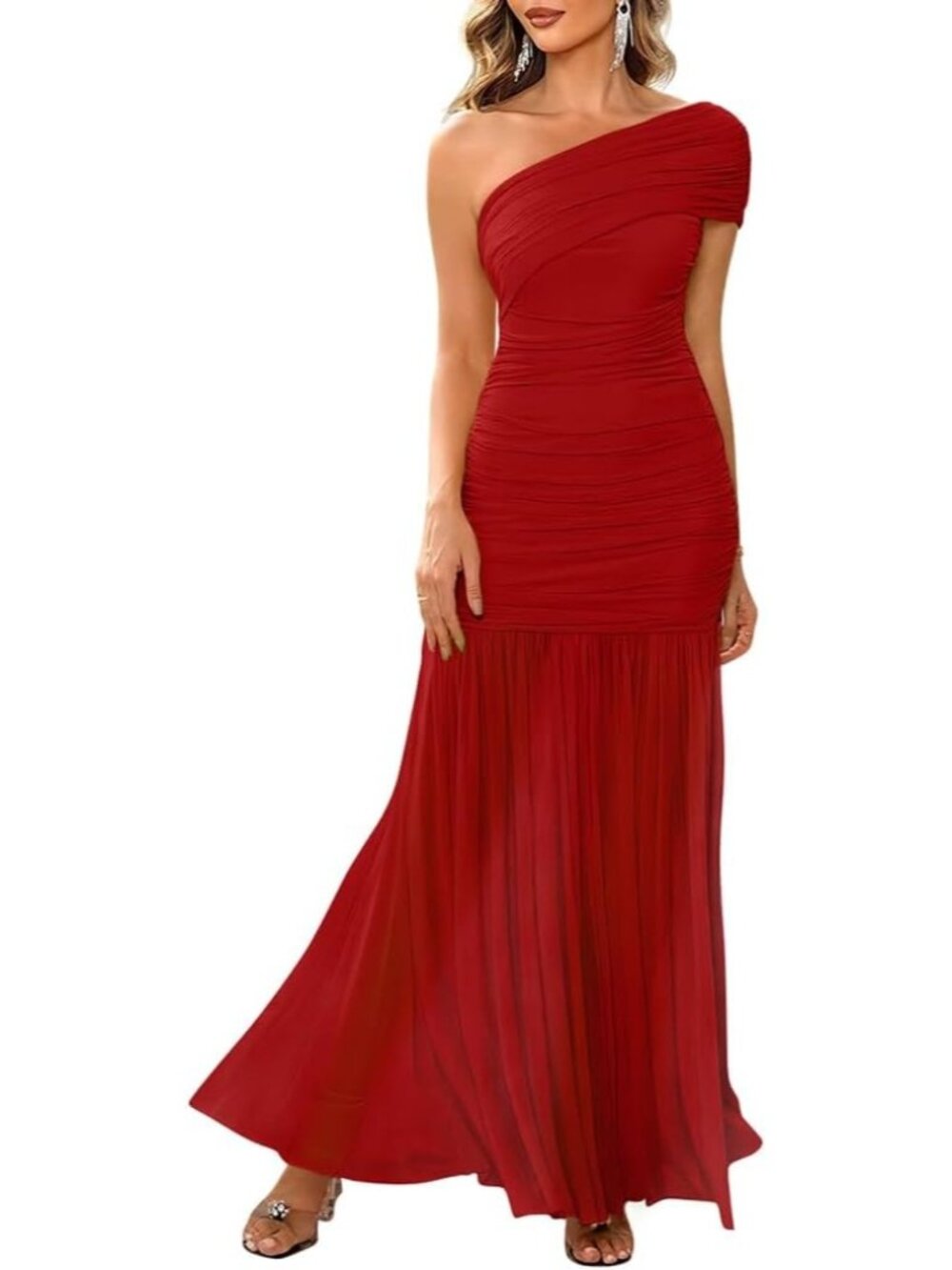 Women's Red Elegant One Shoulder Sleeveless Ruched Long Bodycon Maxi Dress